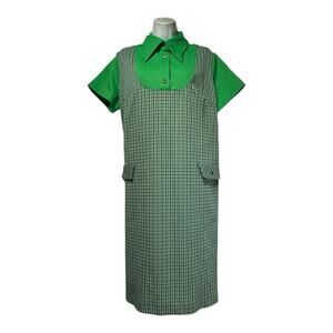 Vintage Handmade Green Houndstooth Jumper Dress Mod 60s Style Short Sleeve Retro